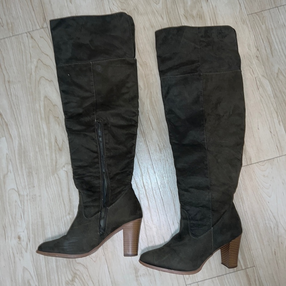 Olive green side knee high boots